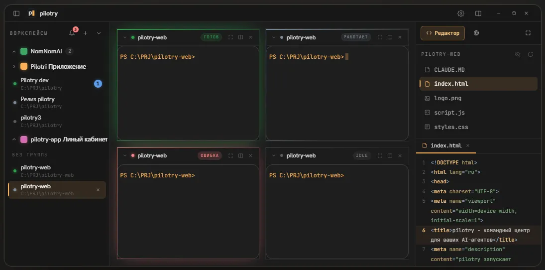 pilotry interface: several workspaces with agents and their statuses - ready, working, error, waiting
